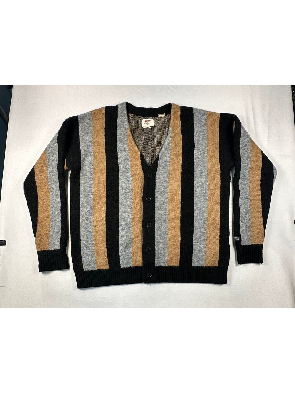 Levi's Coit Boxy Cardigan Sweater Men's Large Relaxed Striped Brown Grey Black